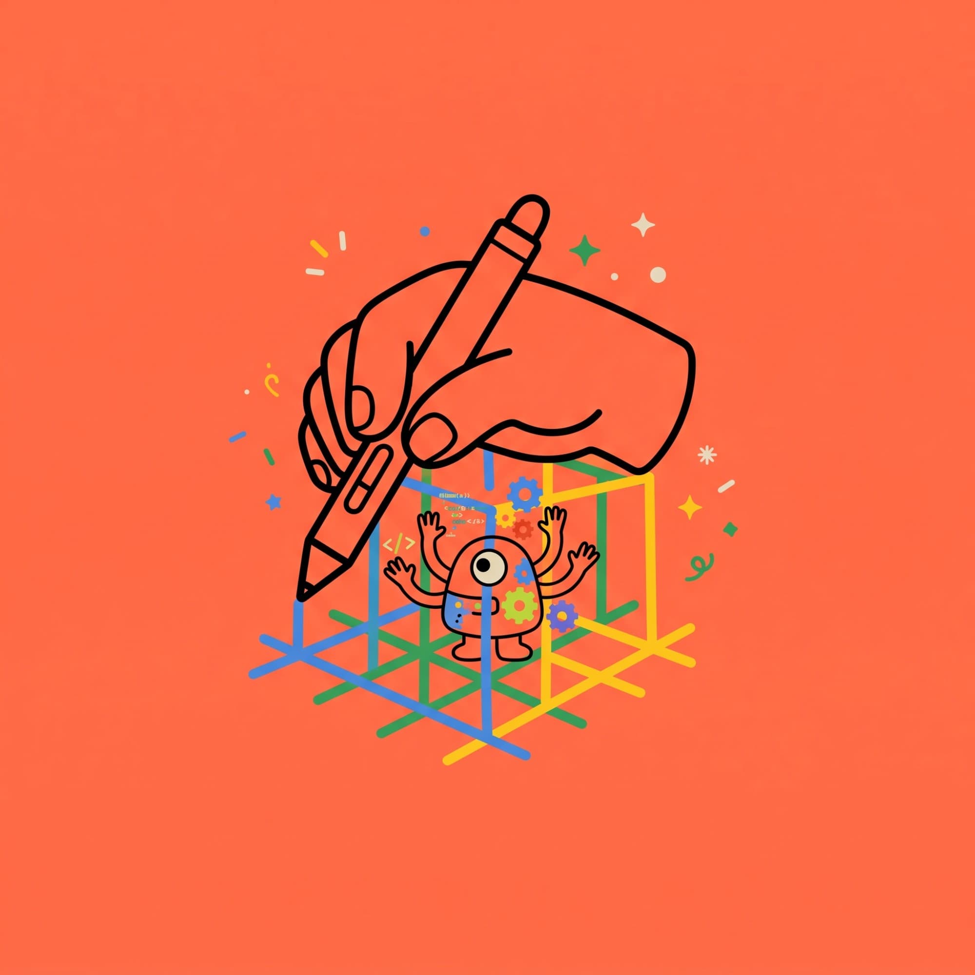 A hand drawing a grid with a pen while a small one-eyed robot works inside it