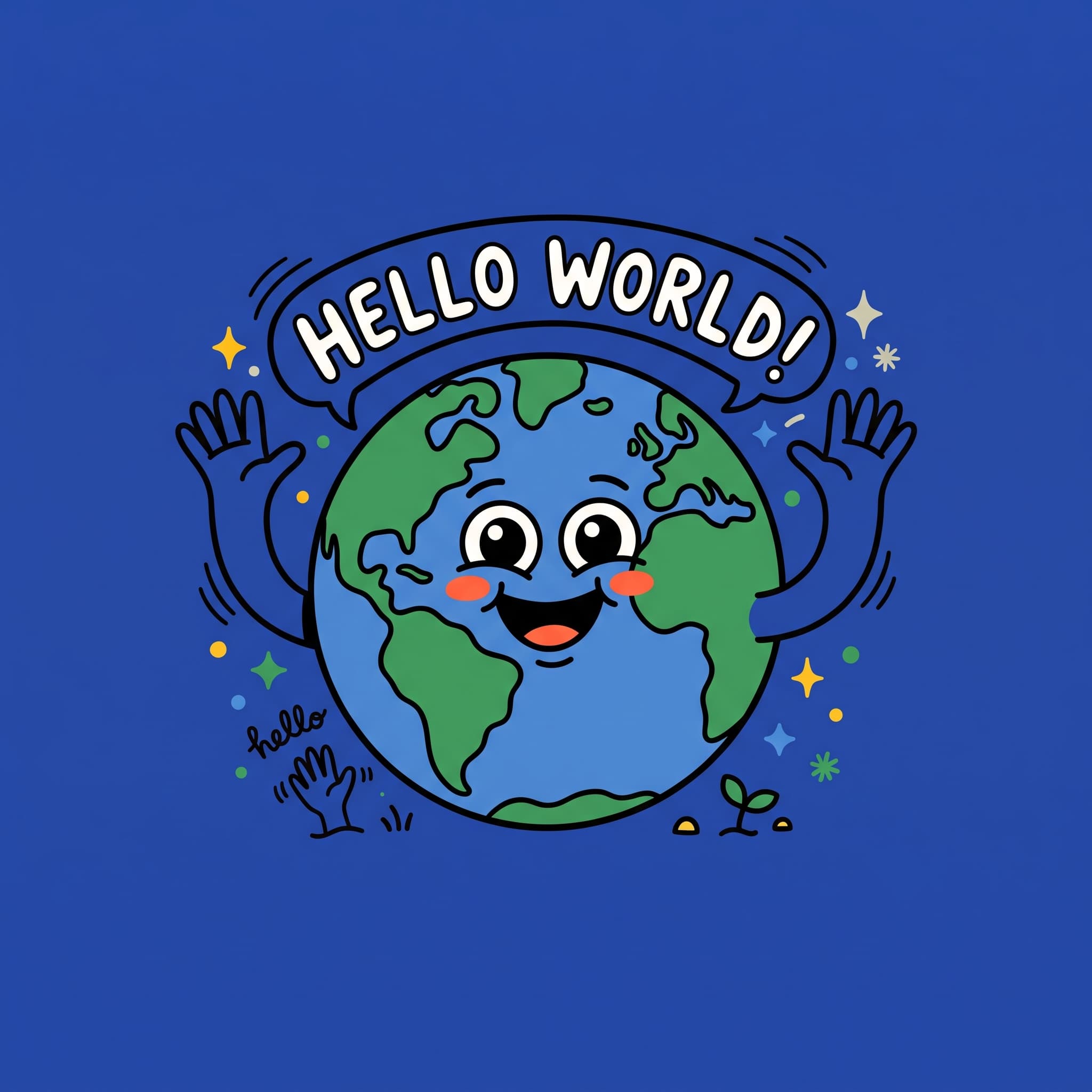 A smiling cartoon globe waving both hands under a "Hello world!" banner
