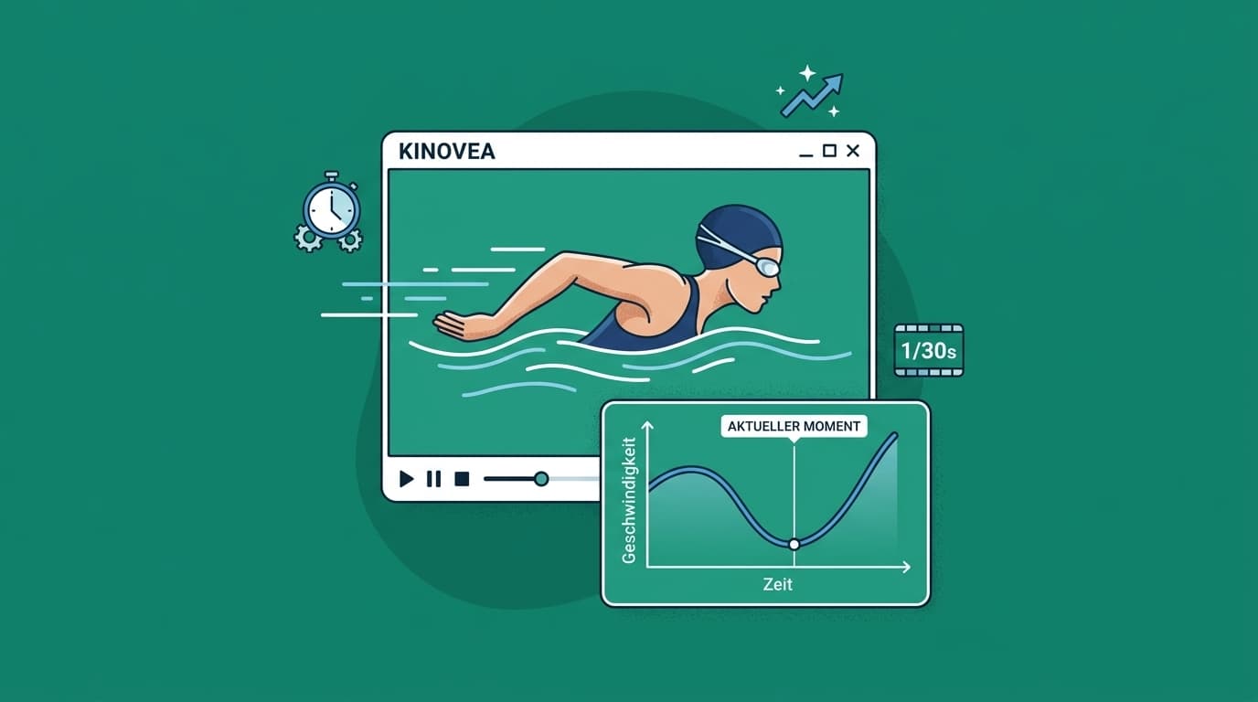 A Kinovea window with a swimmer, and a speed-over-time graph below it marking the current moment